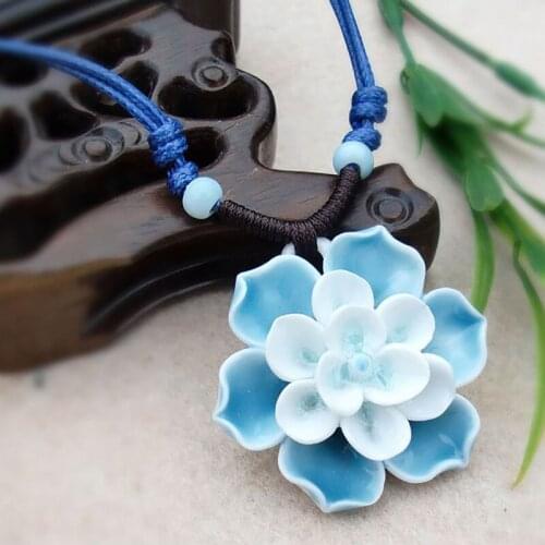 Ceramic Lotus Flower Long Necklace For Women Sweater Chains Tassel Pendants Choker Statement Charm Porcelain Vintage Necklaces