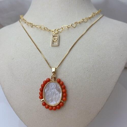 Red Coral Natural Mother Of Pearl Shell Virgin Mary Medal Pendant Choker Necklace For Women 2021 Fashion Multi-Layered Necklac