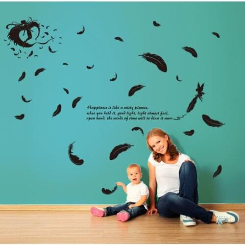Creative black flying feather wall stickers for home decor living room background decoration wallpaper sticker adesivo de parede