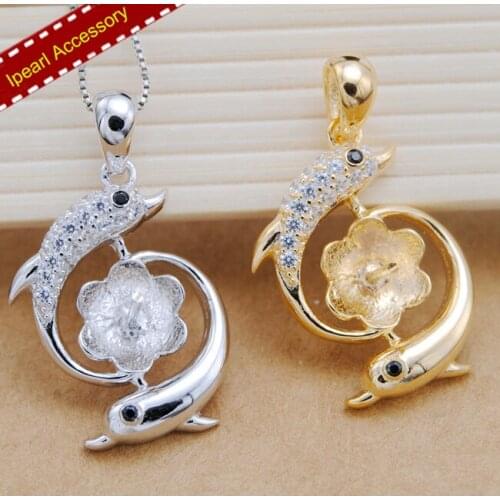 Double Dolphin Pearl Pendant Jewelry Findings&Components S925 Sterling Silver Women DIY Pendant Accessory Silver&Gold Colors