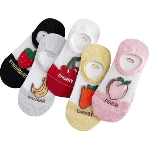 5 Pairs/lot 2021 Womens Cotton Invisible No Show Socks Non-slip Fruit Candy Solid Color Silicone Short Socks Fashion Cute