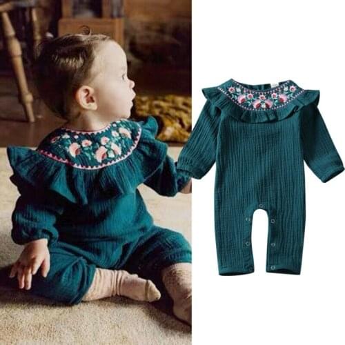 Newborn Baby Girl Clothes Solid Color Flower Print Ruffle Long Sleeve Knitted Cotton Romper Jumpsuit One-Piece Clothes