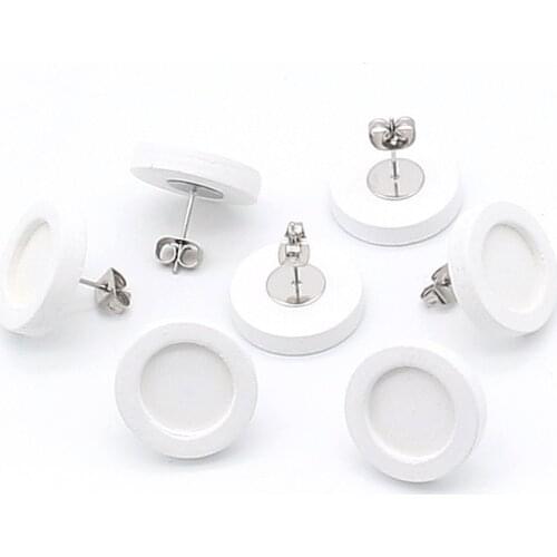 20pcs/lot white fit 12mm blank wood cabochon earring base stainless steel post stud earrings settings for diy jewelry findings