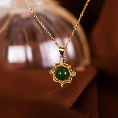 Silver inlaid natural Hetian jasper round bead pendant necklace niche design craftsmanship elegant romantic women brand jewelry