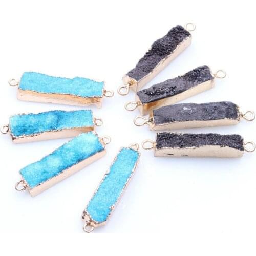 Rectangle Black Blue Irregular Druzy Crystal Connector Gold Frame Natural Stone Quartz Pendants Pendulum for Jewelry Making 1pcs