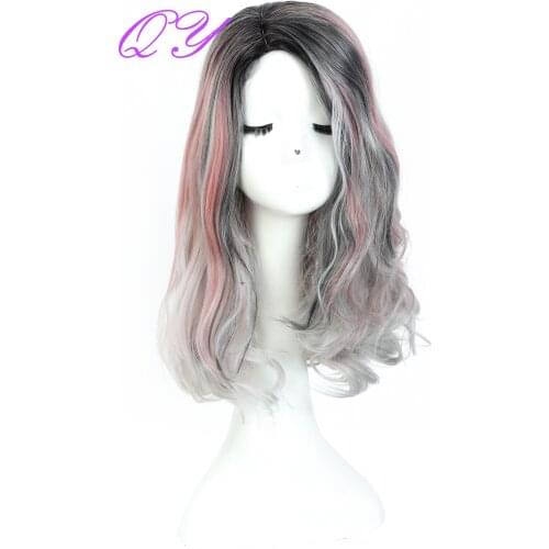 QY Hair wig MIddle Natural Curly Ombre Pink Mixed Grey Color Wig Synthetic Cute Wig for Women&Girls