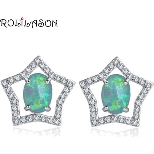ROLILASON Special desgin five-pointed star desgin for girl Silver Stamped green Fire Opal Stud Earrings Fashion Jewelry OE730