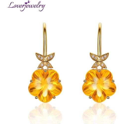 LOVERJEWELRY Drop Earrings Citrine Lady Solid 14K Yellow Gold Natural Flower Shape Yellow Citrine Dangle Earrings For Women Gift