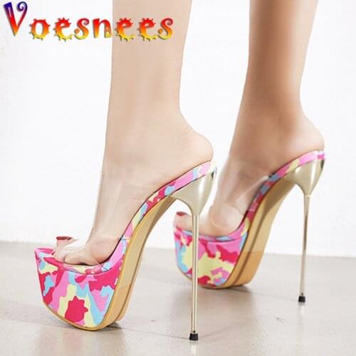 Voesnees Fashion New Women Shoes High Heels Print Female Slippers Thin Heels 17cm Sexy Platform Sandals Girl Show Catwalk Shoes