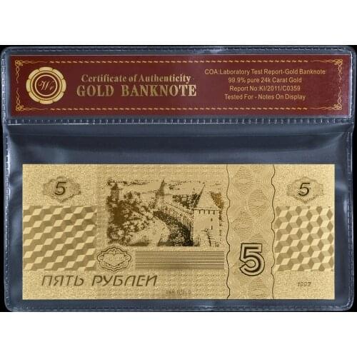 WR Fake Money Russia 5 Rouble Gold Plated Banknote with Frame Foil Bank Note Rusia Prop Money Bills Birthday Gift for Men