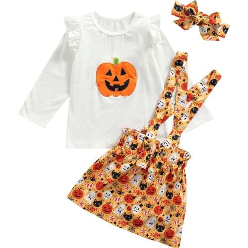 OPPERIAYA Baby Girls Skirt Three Piece Halloween Suit Casual Long Sleeve T-shirt and Pumpkin Print Suspender Skirt with Headband