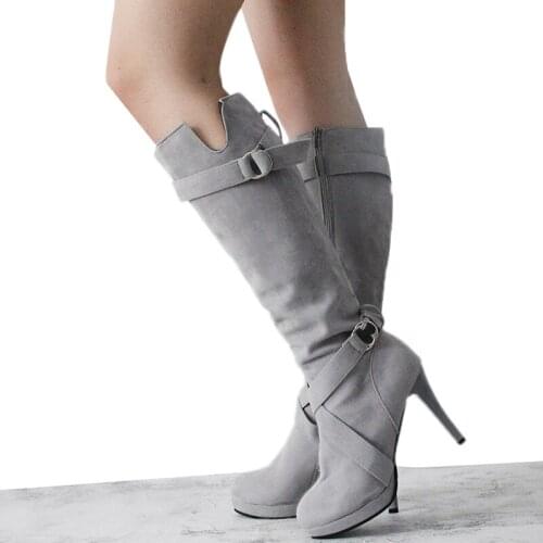2020 Women High Heel Autumn Mid Calf Boots Female Zip PU Leather Buckle Platform Sexy Thin Heels Ladies Fashion Botas Muje