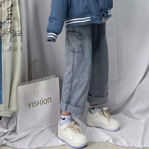 2020 New Fashion Pockets Patchwork High Waist Jeans Women Streetwear Straight Jean Femme Blue Cotton Cargo Pants