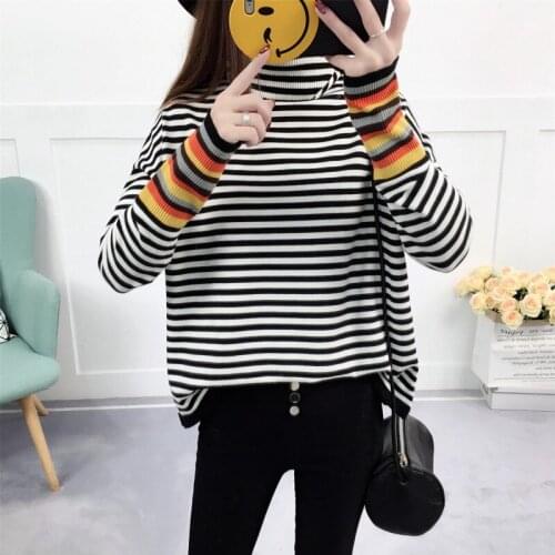 Women Pullovers Sweaters Winter Fashion Turtleneck Casual Loose Colorful Stripe Bottoming Shirts Female Long sleeve Pull Femme