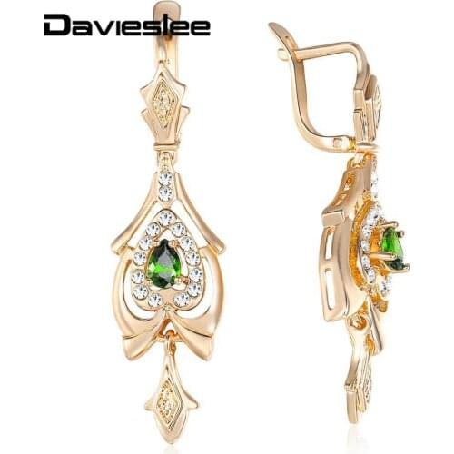Davieslee Teardrop Olivine Green CZ Chandelier Dangle Earrings for Women Paved Clear Cubic Zirconia 585 Rose Gold Filled DGE109