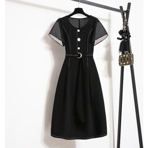 Plus Size Women Korean Office Ladies Dress Summer O Collar Short Sleeve High Waist Elegant Office Ladies A-Line Dresses 5XL