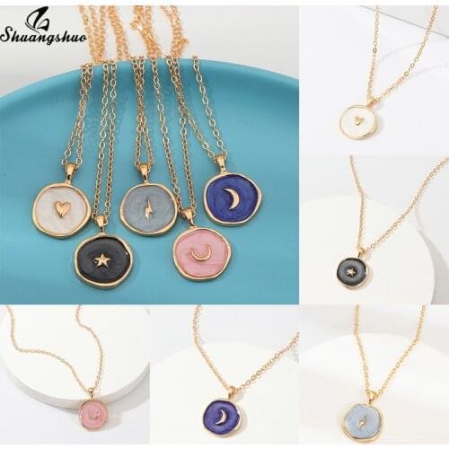 Round Europen Metail Oil Drop Women Collier Simple Stars Moon Heart Pendant Necklace Gold Coin Chokers Jewelry For Girlfriend