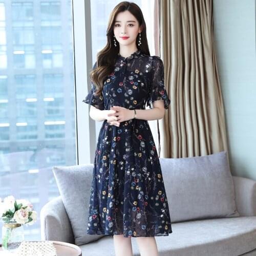 New summer chrysanthemum print chiffon dress women vintage navy blue ruffle lace up bandage dress ladies casual beach dress midi