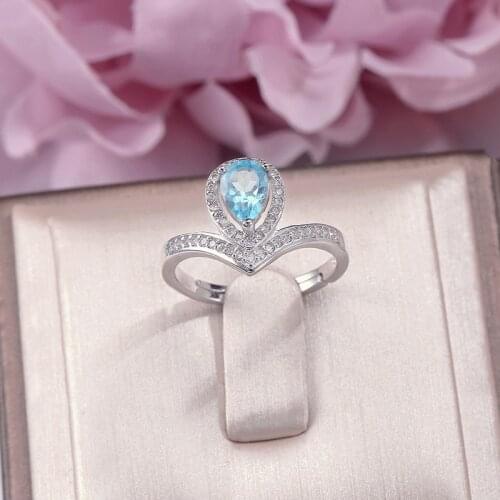 100% Natural Topaz Fine Jewelry Rings for Women 925 Silver Sterling Natural 7*5mm Blue Water Drop Gemstone Wedding Ring R-TO011