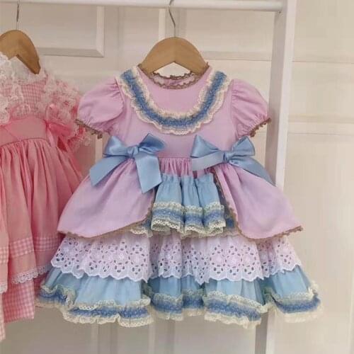 3PCS Spring Summer Spanish Princess Ball Gown Lolita Party short Sleeve Dress For Bady Girls Pink Hubble-bubble sleeve Dress