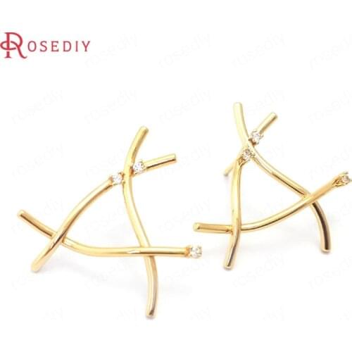38815)4PCS 25x23.5MM 24K Gold Color Brass and Zircon Triangle Branches Stud Earrings Pins Earrings Jewelry Making Supplies