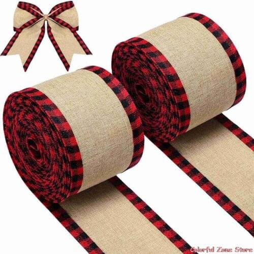 5.5m Buffalo Plaid Wired Edge Ribbons Christmas Burlap Fabric Craft Ribbon Natural Wrapping Ribbon Rolls with Checkered Edge