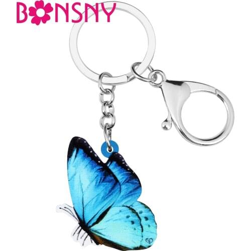 Bonsny Acrylic Blue Morpho Butterfly Keychains Print Insect Animal Keyring Jewelry Women Teen Novelty Spring Bag Car Accessory