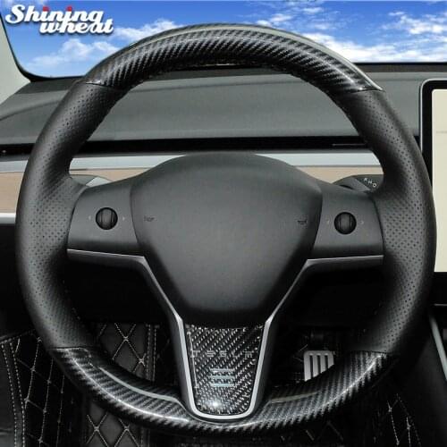 Shining wheat PU Carbon Fiber Black Genuine Leather Hand-Stitched Car Steering Wheel Cover for Tesla model 3