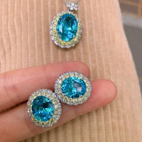 QTT Oval Paraiba Tourmaline Gemstone Necklace Earrings Ring Set 925 Sterling Silver Womens Engagement Jewelry Set