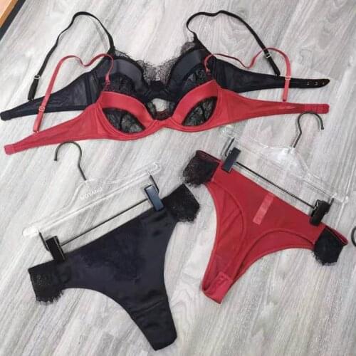 Sexy Eyelash Lace Patchwork Satin Bra and Thongs Set Underwear With Push Up Hollow Out Cup Women French Lingerie Black Red