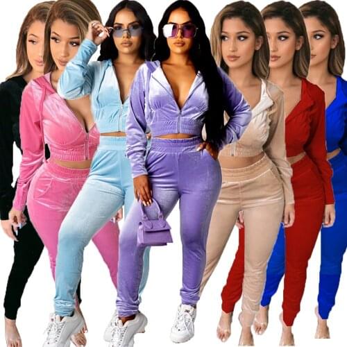 Echoine Women Fall Winter Velvet Sweatsuit Set Short Hooded Track Jacket Jogger Pants Tracksuit Two Piece Set Sportwear Outfits
