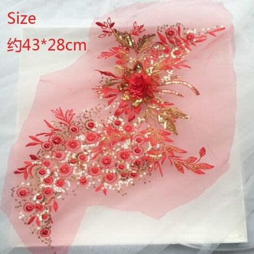 Red gold hot diamond sequins 3D stereo flower lace embroidered piece DIY dress cheongsam flowers
