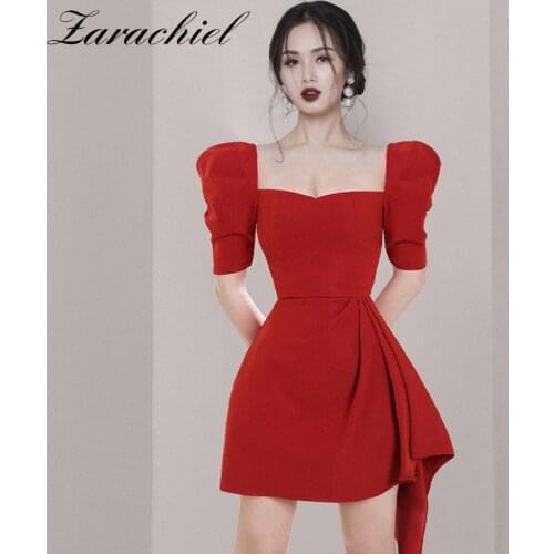 Red Sexy Club Draped Short Dress Elegant Black Puff Sleeve Square Collar Work Wear Streetwear Retro Party Summer Dress 2021