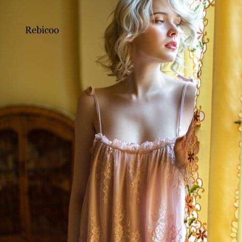Lace Night Dress Off Shoulder Sling Lingerie Nightgown Sexy Women Night Gown Sleepwear Home Clothing