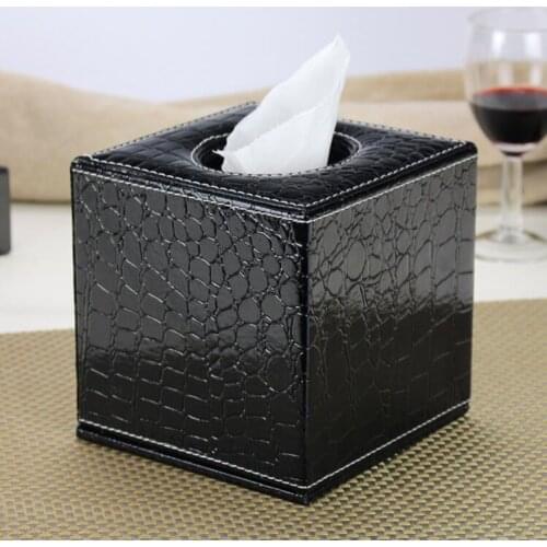 Square croco black wooden synthetic leather roll tissue box canister holder napkin boxnapkins holder tissue box cover 246B