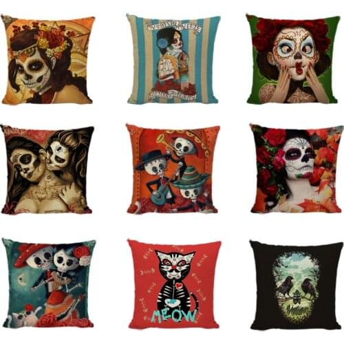 Halloween Day Of The Dead Sugar Skull Cushion Covers Outdoor 45X45Cm Woven Linen Home Decor Sunset Gifts Lumbar Pillow Cases