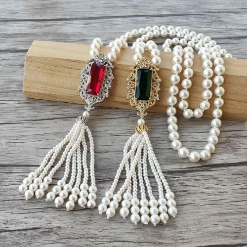 4Pcs Red/Green zircon charm Pendant CZ Micro pave Connector,Natural Shell Pearl Beads Chain tassels Women Jewelry Necklace NK512