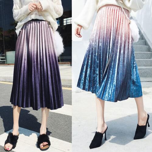 Autumn and Winter Gradient Color Gold Velvet Skirt Pleated High Waist Long Skirt Woman Skirts Mujer Faldas Saias Mulher