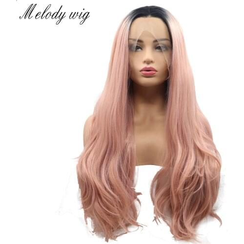 Melody Wig Long Natural Body Wave Ombre Ash Pink with Dark Roots 13*3 Lace Front Synthetic Heat Resistant Fiber for Women Wig