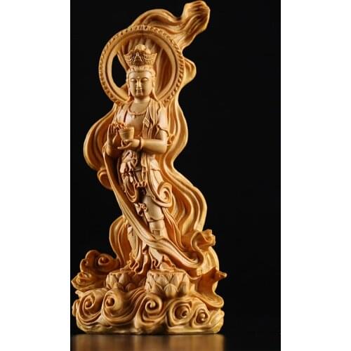 Boxwood 15cm Guanyin Sculpture Wood Buddha Statue Cross Sea Guan Yin Bodhisattva Home Decor
