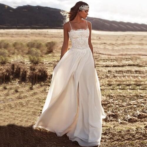 Sexy Strapless Wedding Dresses 2021 Chiffon Lace Appliques Spaghetti Straps Floor-Length Bride Gown Mariée New Style For Female