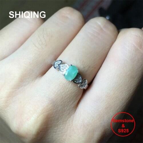 SHIQING Nature genuine green emerald 925 sterling silver pretty ring, hearts romantic ring for love