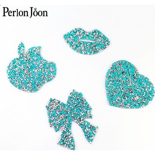 Blue-green resin rhinestone hot fix glitter patch apple peach heart bow lip shape crystal Iron-On Garment bag decoration TR084