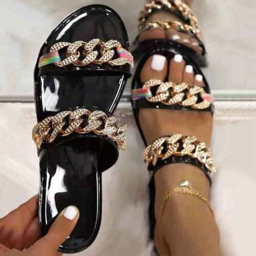 Summer Sexy Trend Luxury Slippers Women Solid Leather Upper Crystal Chain Decoration Slip on Fashion Outdoor Slides Ladies Shoes