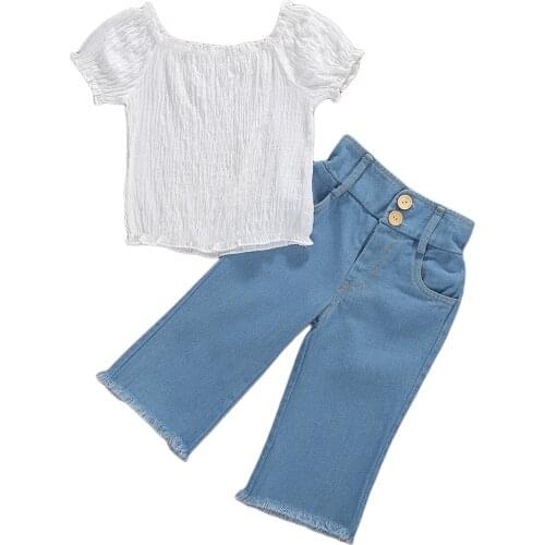 3-5Years Baby Tube Top + Long Jeans, High Waist Design Simple Style Button Decoration Summer Clothing