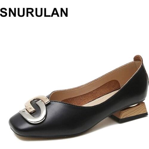 SNURULAN Square Toe Pumps Shoes Women Wood Low Heel Boat Shoes Slip On Shallow Dress Shoes Metal Decoration Zapatos Mujer Work