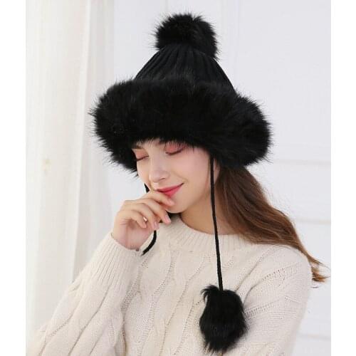 Women Russian Faux Fur Hat Like Real Fur Comfy Cossack Style Knit Ski Snow C ap For Winter Warm Wool Crochet Tassel Earflap Pom