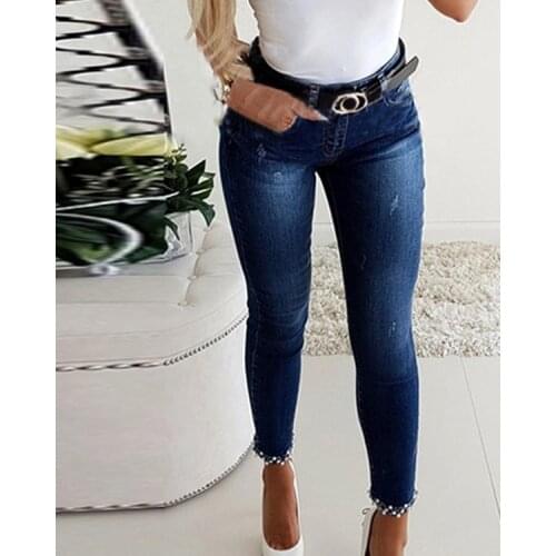 2021 Ladies Jeans Spring Spring Bowknot Cuffs Skinny Denim Pencil Pants High Waist Pocket Zipper Jeans, No Belt