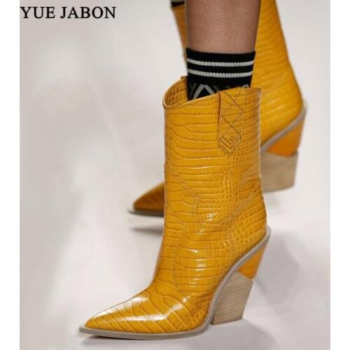 New Candy color Snake skin booties mujer Western Boots Cowboy Boots for women runway design Chunky Wedges heel Mid-calf Boots