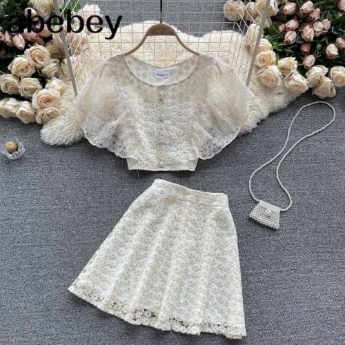 Women Summer Lace Suit O Neck Mesh Short Sleeve Top+High Waist A-line Midi Skirts Two Piece Set